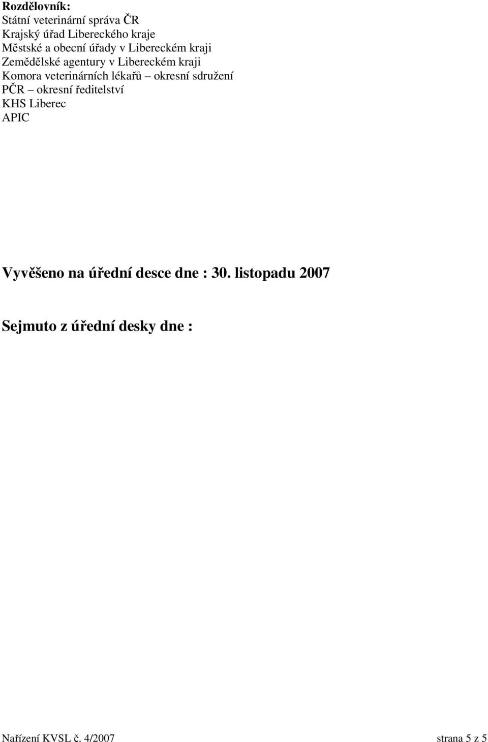 veterinárních lékařů okresní sdružení PČR okresní ředitelství KHS Liberec APIC Vyvěšeno