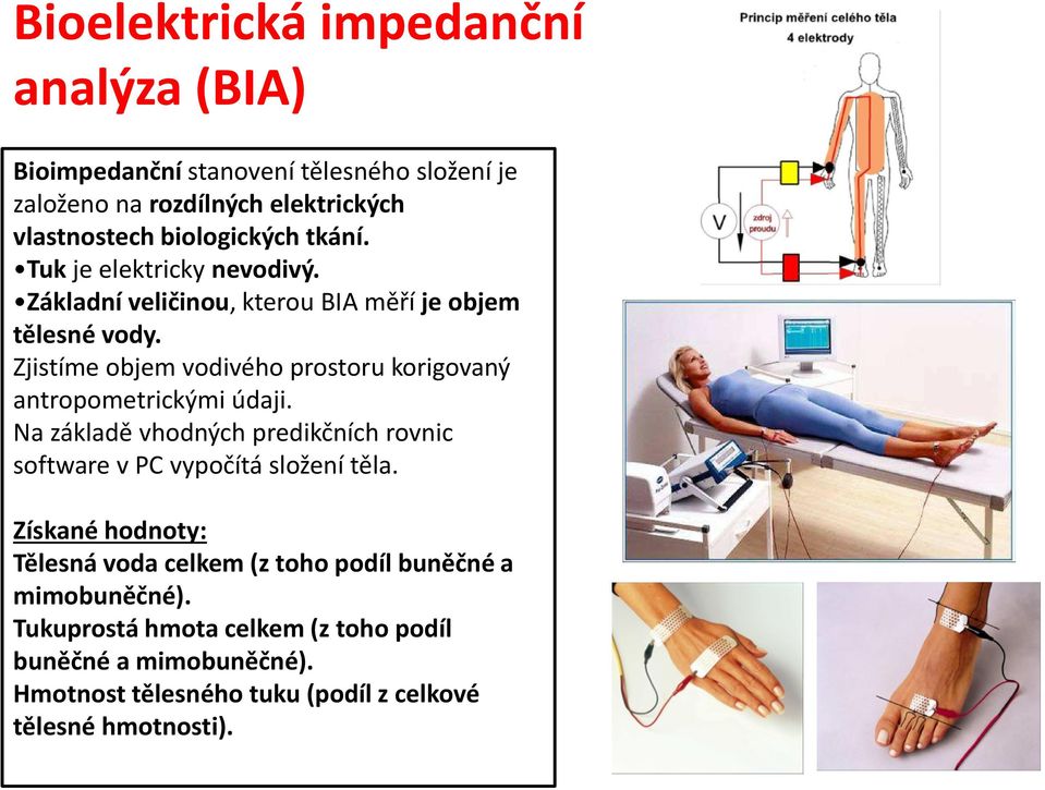 Zjistíme objem vodivého prostoru korigovaný antropometrickými údaji. Na základě vhodných predikčních rovnic software v PC vypočítá složení těla.