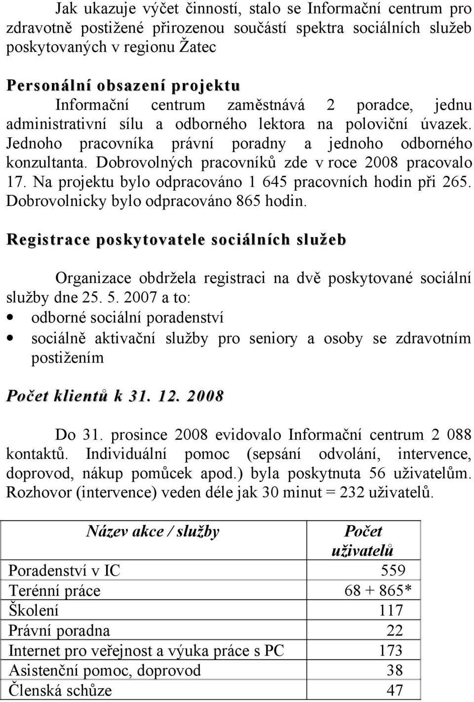 Dobrovolných pracovníků zde v roce 2008 pracovalo 17. Na projektu bylo odpracováno 1 645 pracovních hodin při 265. Dobrovolnicky bylo odpracováno 865 hodin.