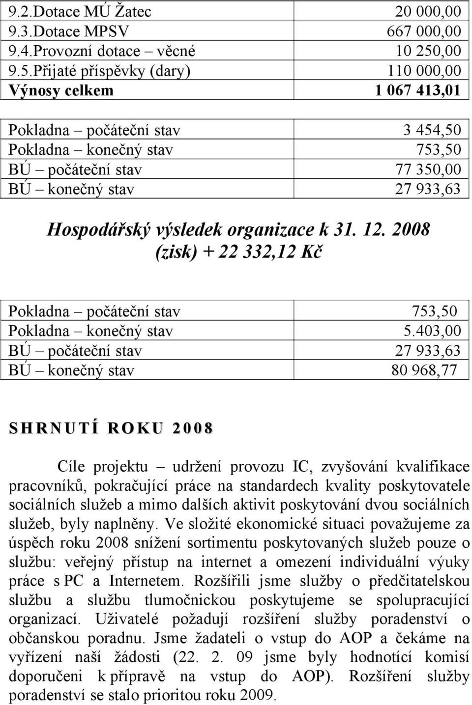 27 933,63 Hospodářský výsledek organizace k 31. 12. 2008 (zisk) + 22 332,12 Kč Pokladna počáteční stav Pokladna konečný stav BÚ počáteční stav BÚ konečný stav 753,50 5.