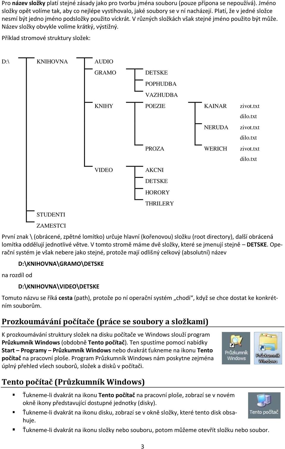 Příklad stromové struktury složek: D:\ KNIHOVNA AUDIO GRAMO DETSKE POPHUDBA VAZHUDBA KNIHY POEZIE KAINAR zivot.txt dilo.