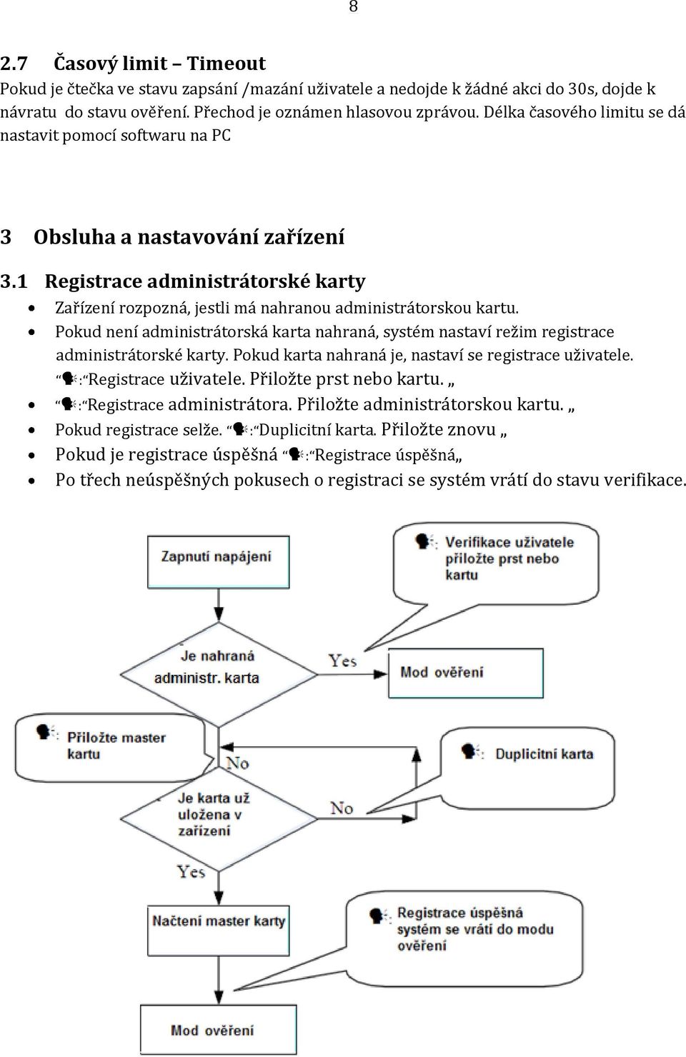 Pokud není administrátorská karta nahraná, systém nastaví režim registrace administrátorské karty. Pokud karta nahraná je, nastaví se registrace uživatele. : Registrace uživatele.