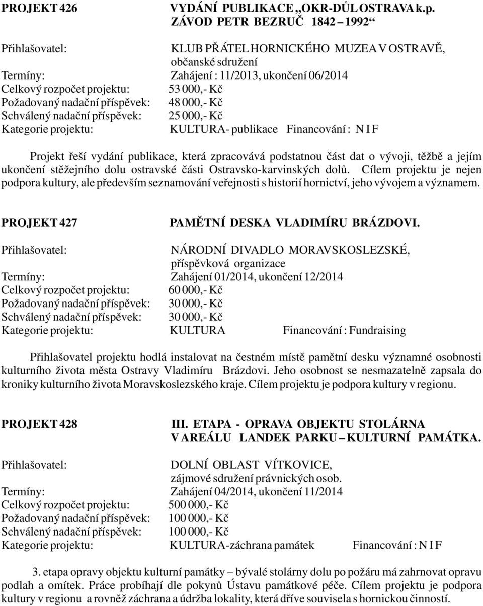 projektu: KULTURA- publikace Financování : N I F Projekt řeší vydání publikace, která zpracovává podstatnou část dat o vývoji, těžbě a jejím ukončení stěžejního dolu ostravské části