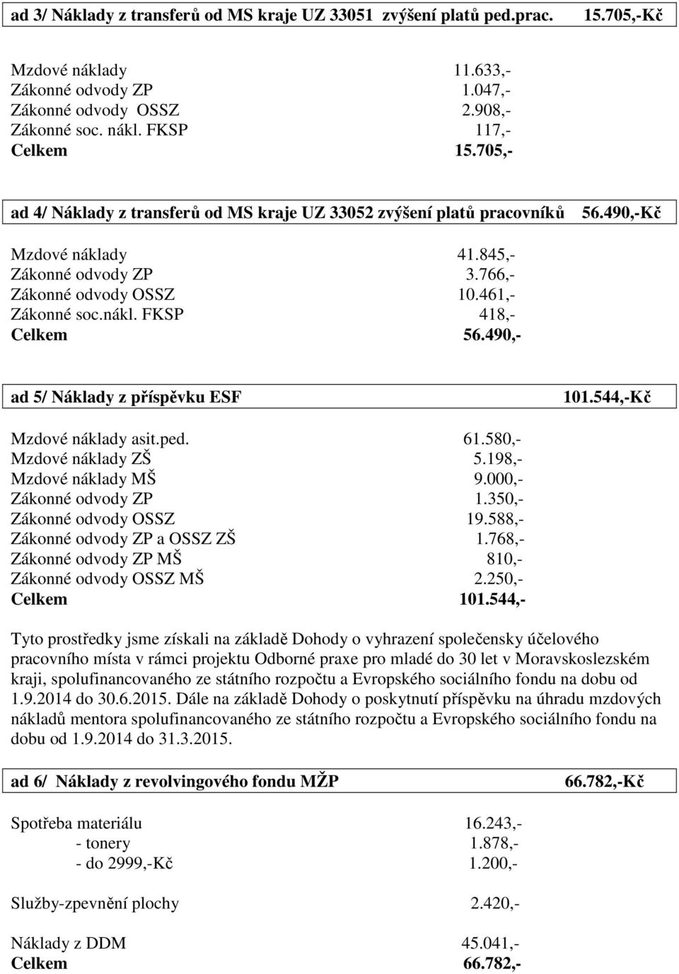 490,- ad 5/ Náklady z příspěvku ESF 101.544,-Kč Mzdové náklady asit.ped. 61.580,- Mzdové náklady ZŠ 5.198,- Mzdové náklady MŠ 9.000,- Zákonné odvody ZP 1.350,- Zákonné odvody OSSZ 19.