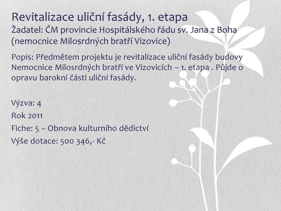 uliční fasády budovy Nemocnice Milosrdných bratří ve Vizovicích 1. etapa.