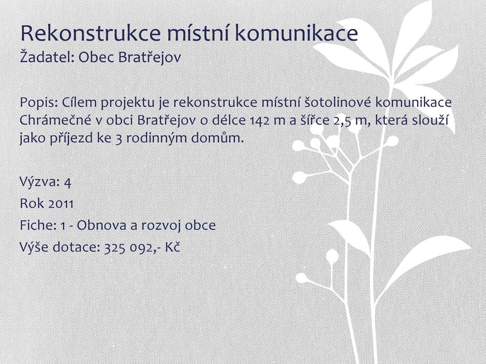 Bratřejov o délce 142 m a šířce 2,5 m, která slouží jako příjezd ke 3