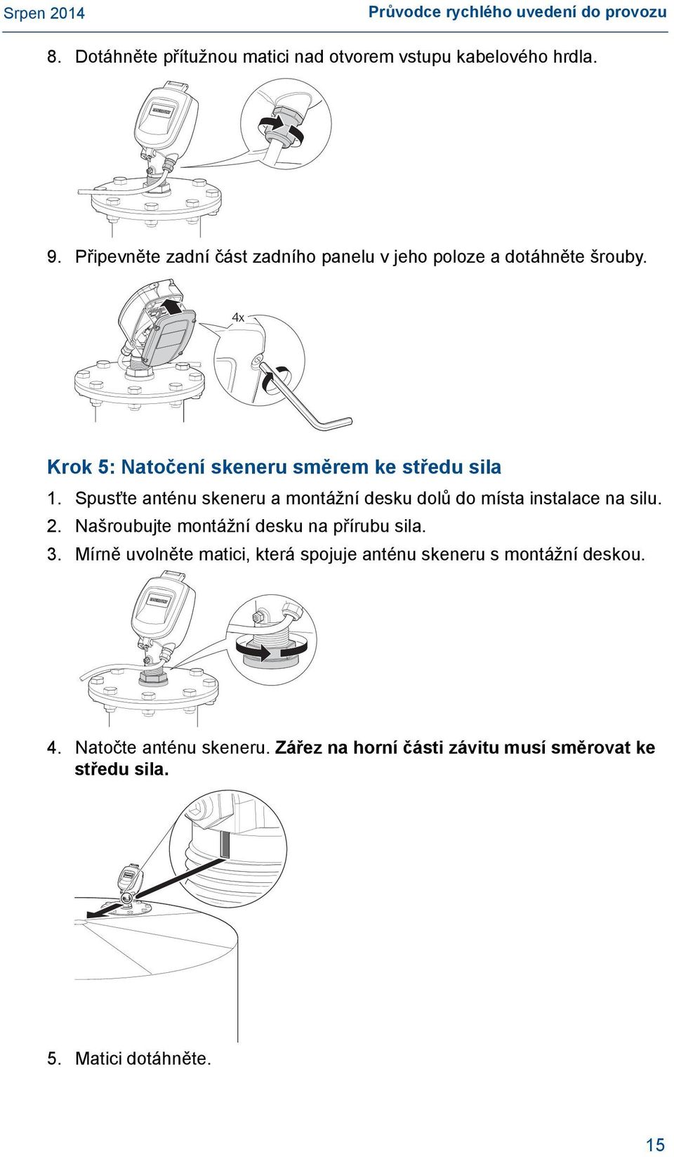 Spusťte anténu skeneru a montážní desku dolů do místa instalace na silu. 2. Našroubujte montážní desku na přírubu sila. 3.