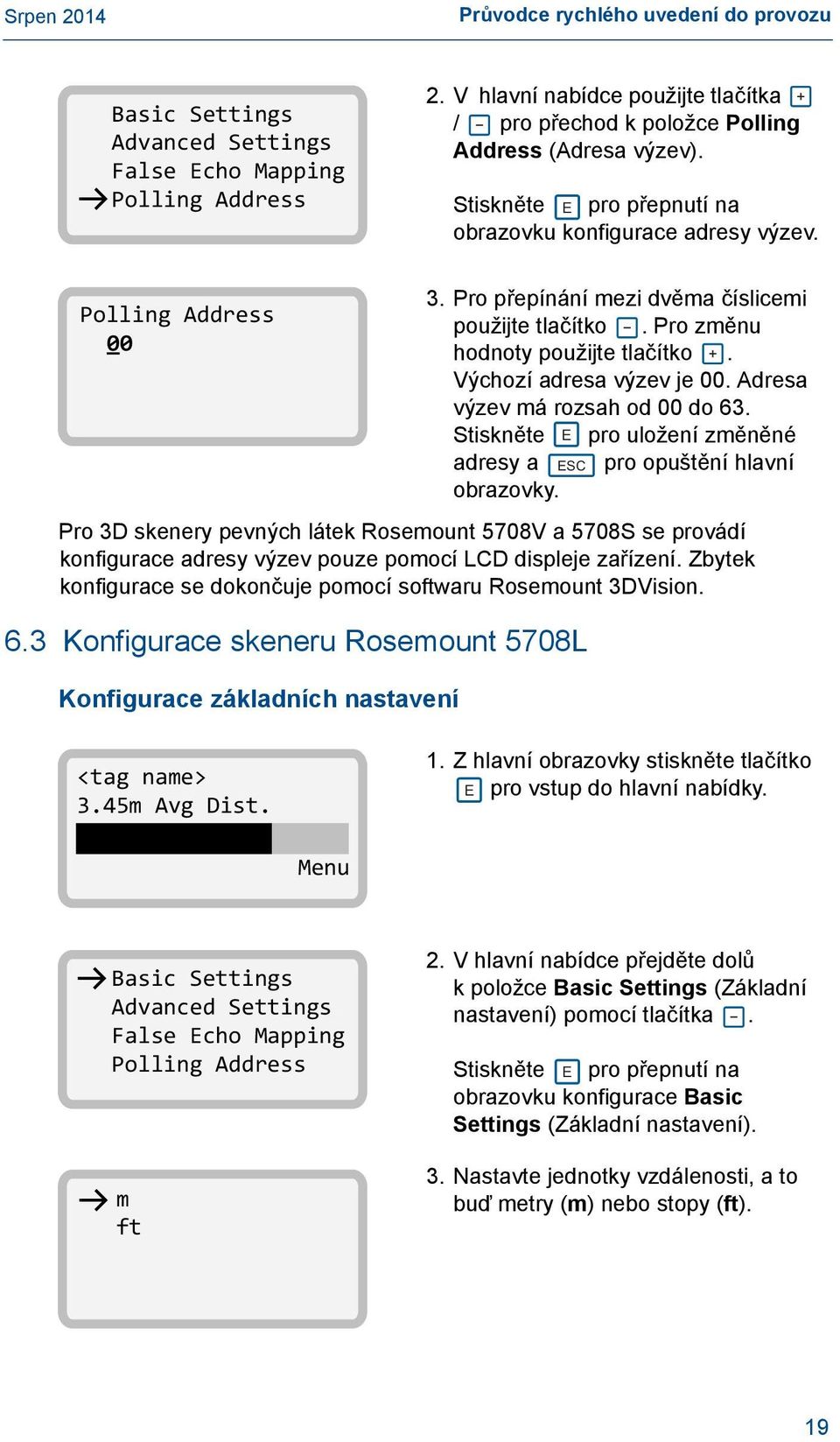 Polling Address 00 Pro 3D skenery pevných látek Rosemount 5708V a 5708S se provádí konfigurace adresy výzev pouze pomocí LCD displeje zařízení.