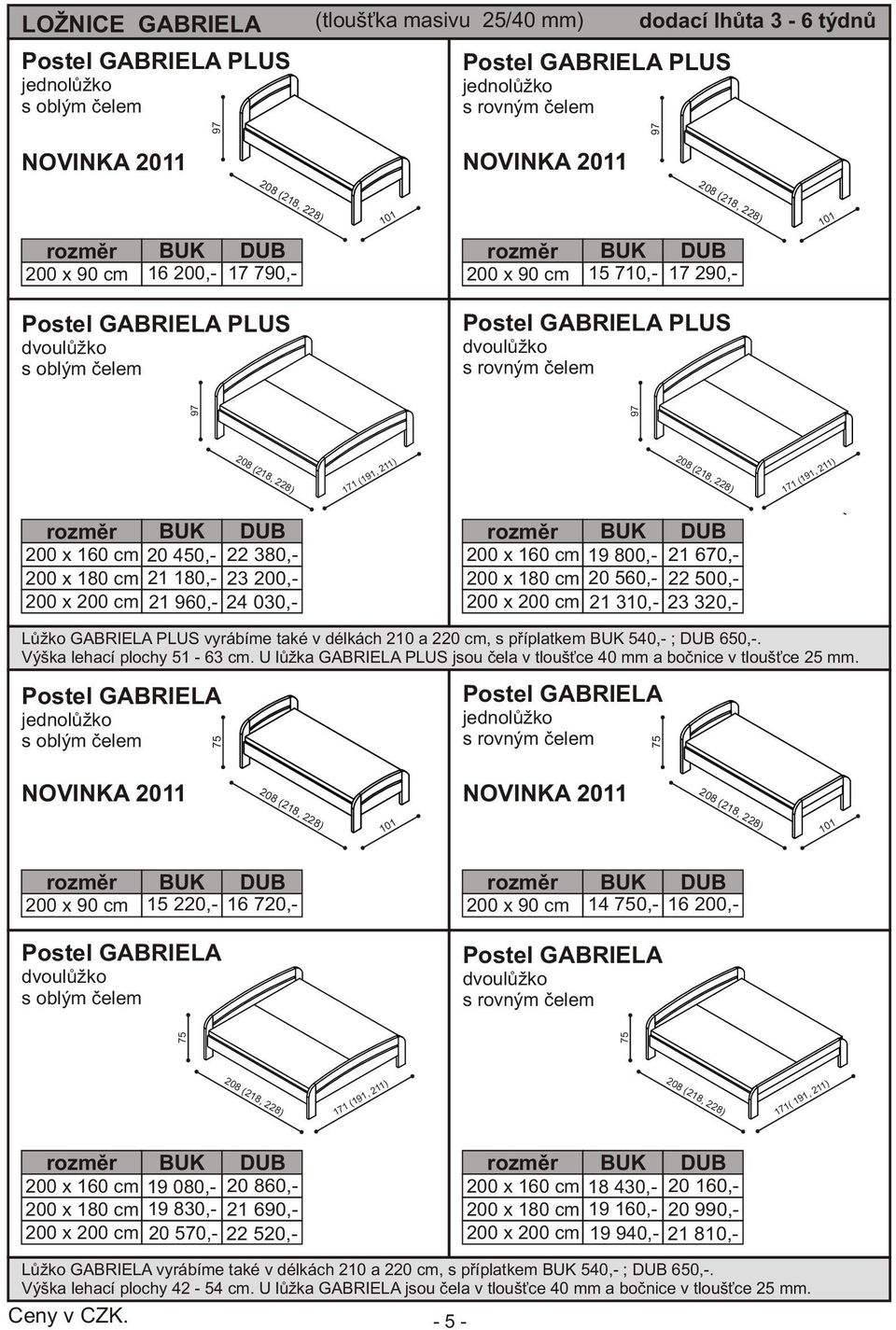 200 x 160 cm 200 x 180 cm 200 x 200 cm Lùžko GABRIELA PLUS vyrábíme také v délkách 210 a 220 cm, s pøíplatkem 540,- ; 650,-. Výška lehací plochy 51-63 cm.