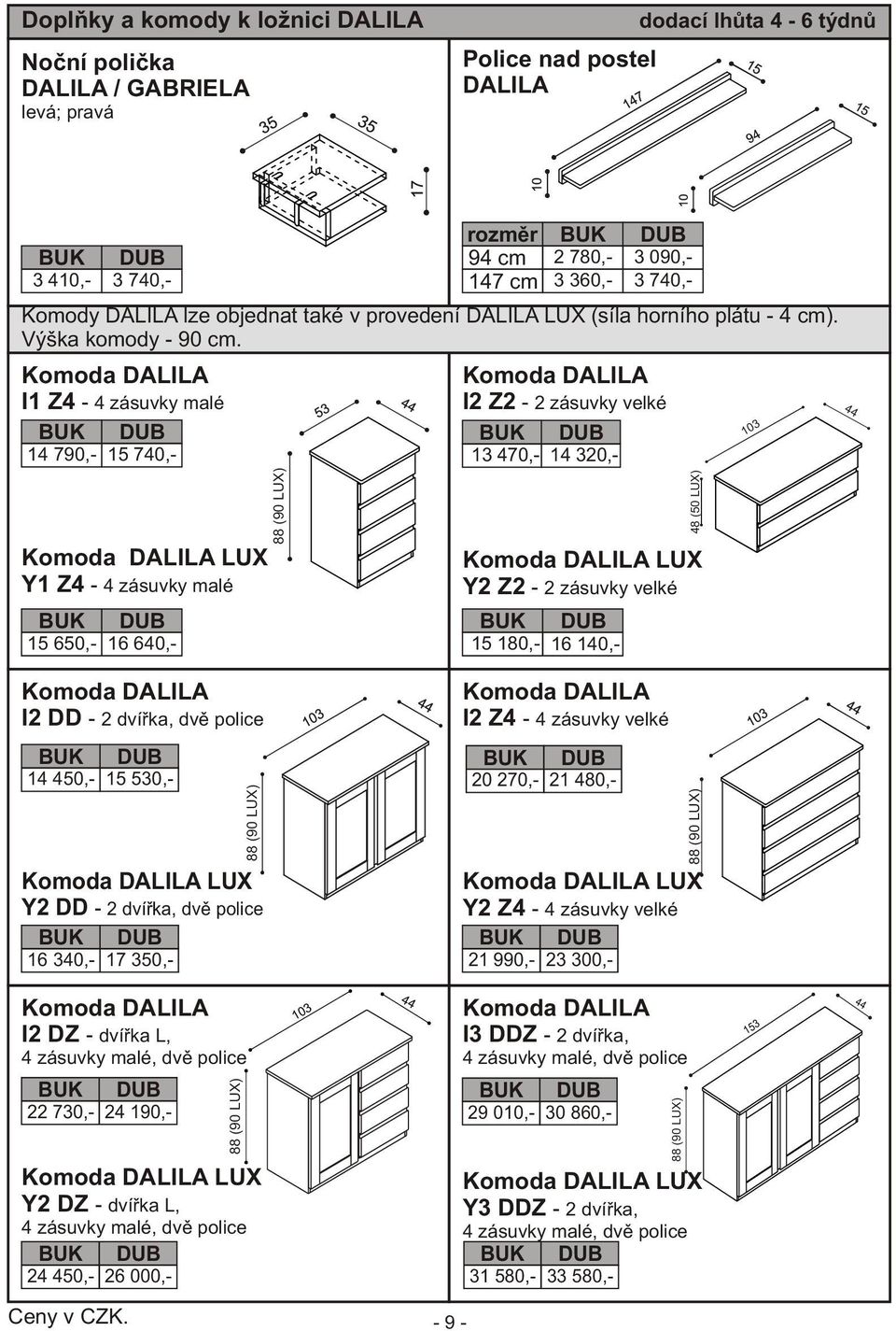 Komoda DALILA I1 Z4-4 zásuvky malé 14 790,- 15 740,- Komoda DALILA LUX Y1 Z4-4 zásuvky malé 15 650,- 16 640,- (90 LUX) Komoda DALILA I2 Z2-2 zásuvky velké 13 470,- 14 320,- 15 180,- 16 140,- 48 (50