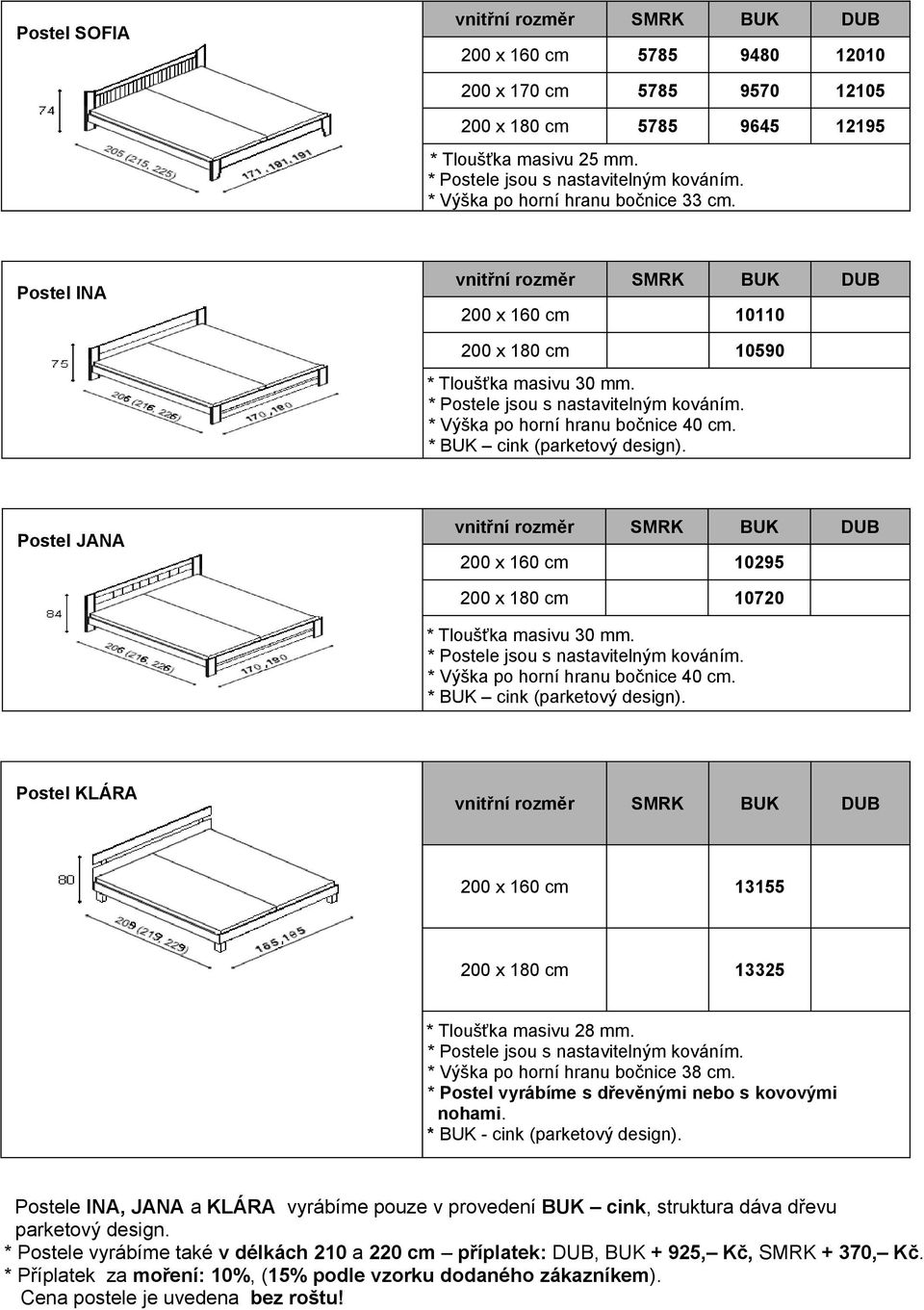 Postel JANA 200 x 160 cm 10295 200 x 180 cm 10720 * Tloušťka masivu 30 mm. * Výška po horní hranu bočnice 40 cm. * BUK cink (parketový design).