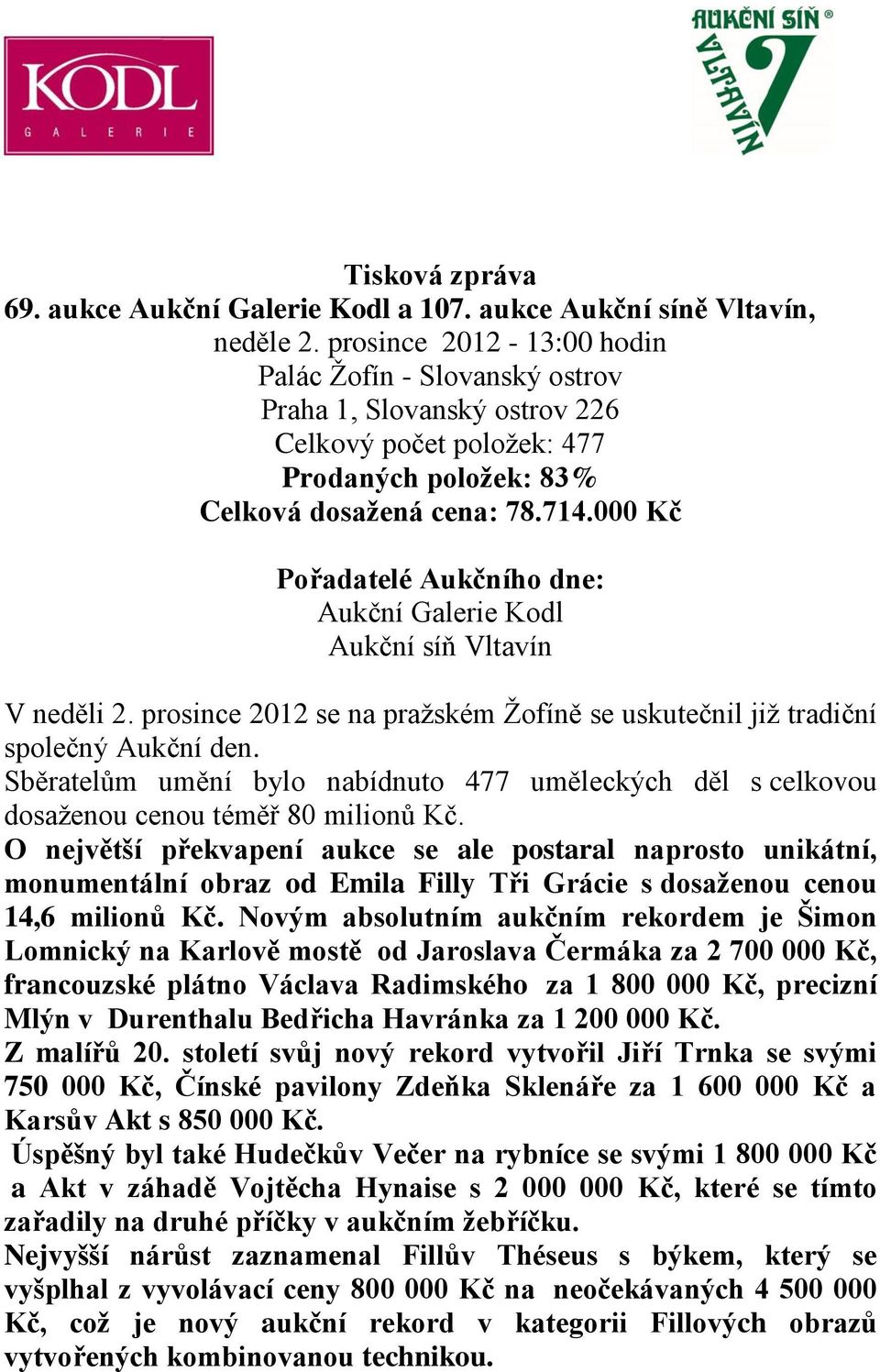 000 Kč Pořadatelé Aukčního dne: Aukční Galerie Kodl Aukční síň Vltavín V neděli 2. prosince 2012 se na pražském Žofíně se uskutečnil již tradiční společný Aukční den.