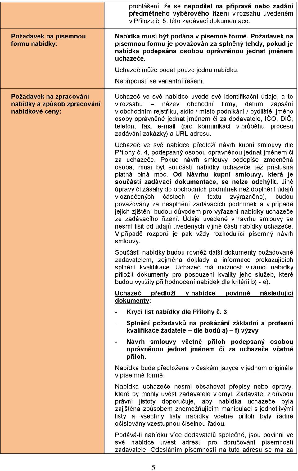 Požadavek na písemnou formu je považován za splněný tehdy, pokud je nabídka podepsána osobou oprávněnou jednat jménem uchazeče. Uchazeč může podat pouze jednu nabídku. Nepřipouští se variantní řešení.