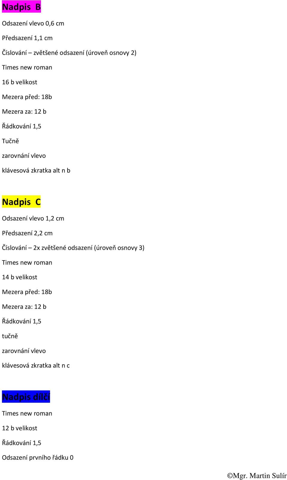 cm Předsazení 2,2 cm Číslování 2x zvětšené odsazení (úroveň osnovy 3) 14 b velikost Mezera před: 18b Mezera