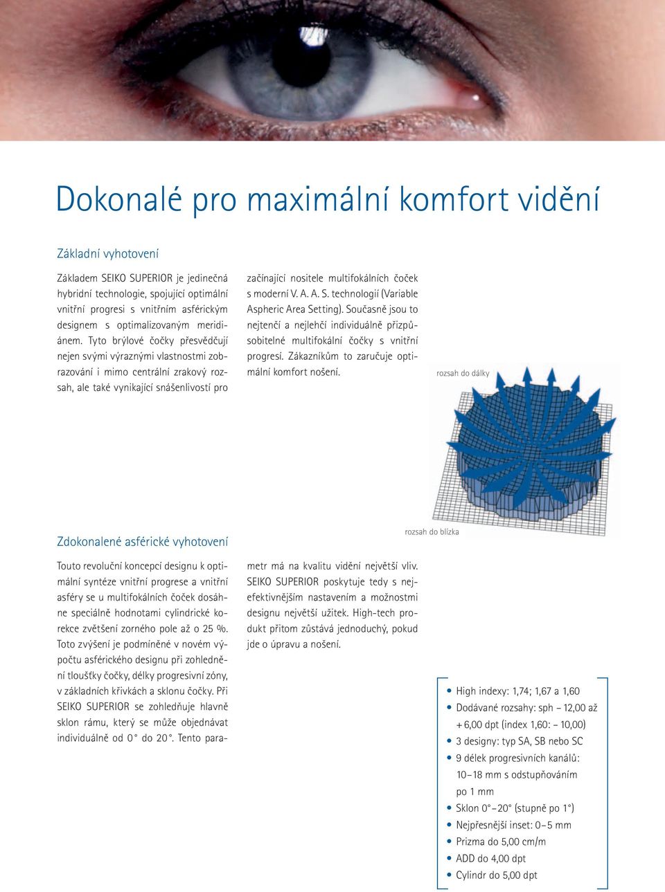 V. A. A. S. technologií (Variable Aspheric Area Setting). Současně jsou to nejtenčí a nejlehčí individuálně přizpůsobitelné multifokální čočky s vnitřní progresí.