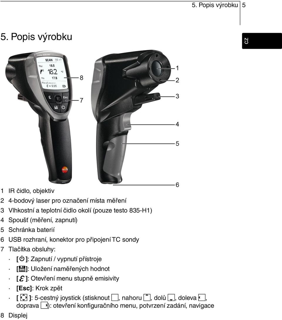 ? nl sv pt cz it es fr en 1 IR čidlo, objektiv 2 4-bodový laser pro označení místa měření 3 Vlhkostní a teplotní čidlo okolí (pouze testo