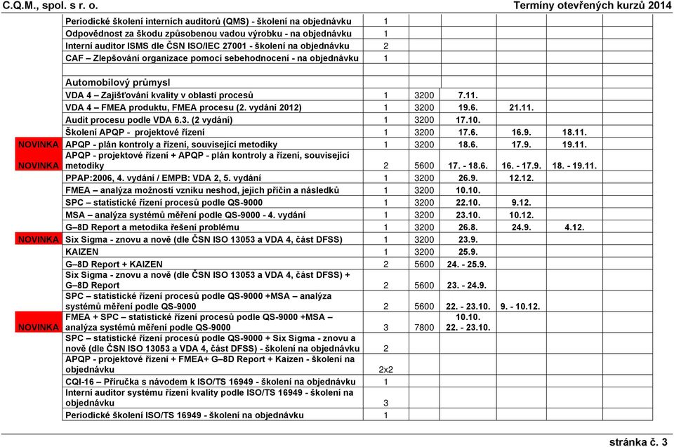 vydání 2012) 1 3200 19.6. 21.11. Audit procesu podle VDA 6.3. (2 vydání) 1 3200 17.10. Školení APQP - projektové řízení 1 3200 17.6. 16.9. 18.11. NOVINKA APQP - plán kontroly a řízení, související metodiky 1 3200 18.