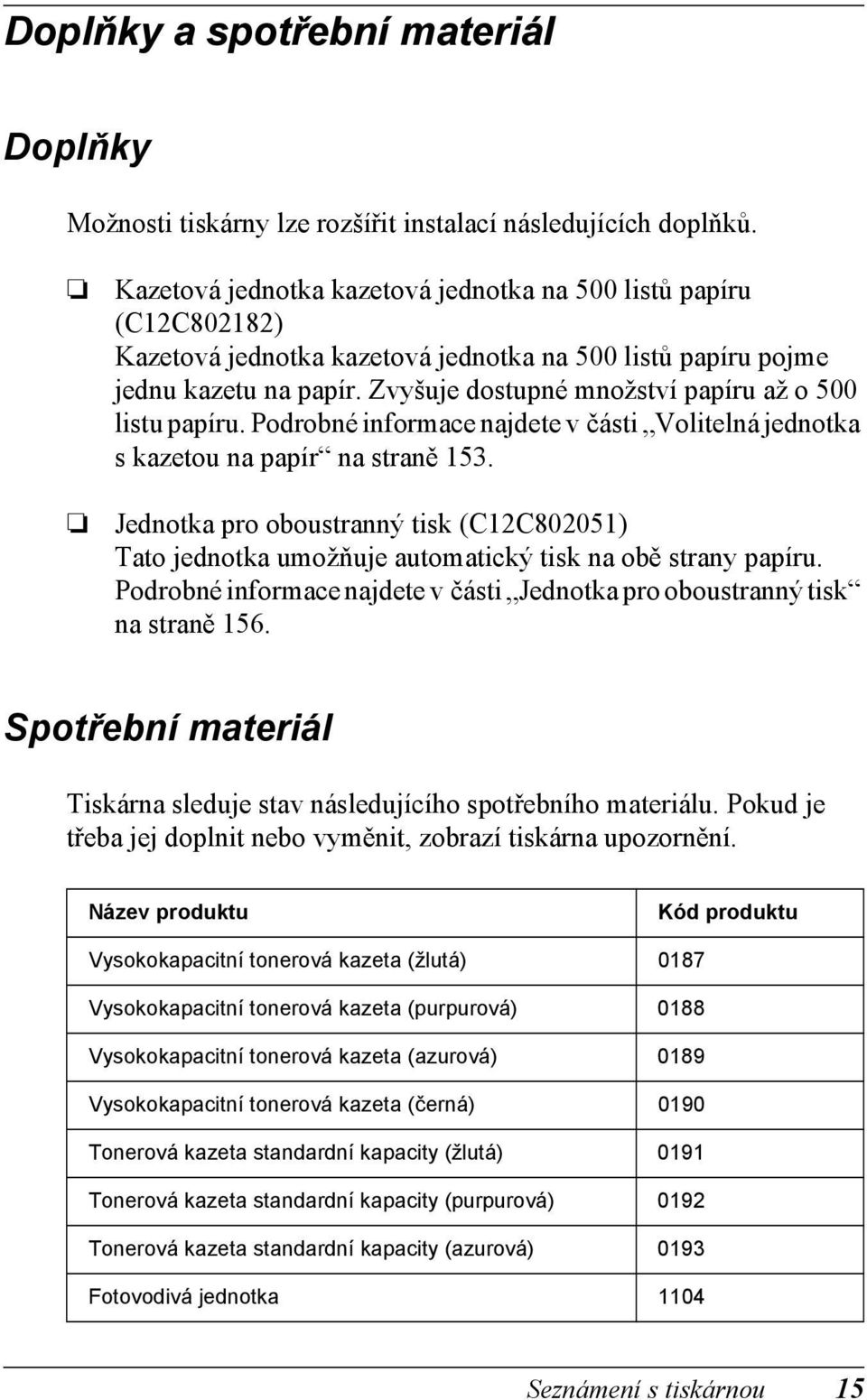 Zvyšuje dostupné množství papíru až o 500 listu papíru. Podrobné informace najdete v části Volitelná jednotka s kazetou na papír na straně 15.