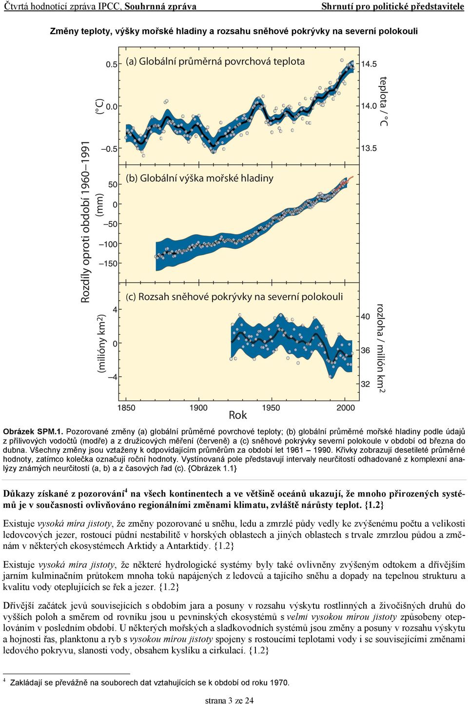 Pozorované změny (a) globální průměrné povrchové teploty; (b) globální průměrné mořské hladiny podle údajů z přílivových vodočtů (modře) a z družicových měření (červeně) a (c) sněhové pokrývky