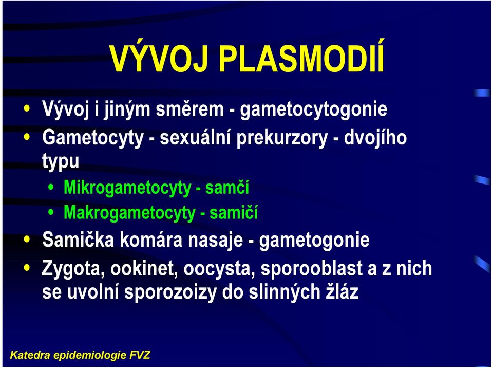 Makrogametocyty - samičí Samička komára nasaje - gametogonie