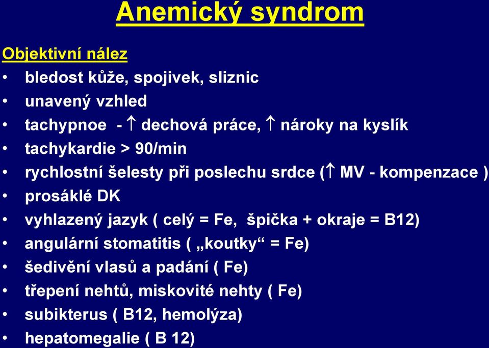 prosáklé DK vyhlazený jazyk ( celý = Fe, špička + okraje = B12) angulární stomatitis ( koutky = Fe)