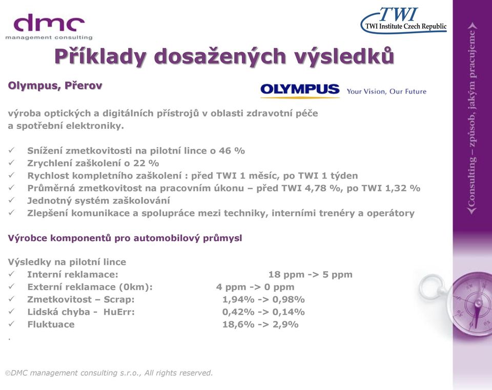 TWI 4,78 %, po TWI 1,32 % Jednotný systém zaškolování Zlepšení komunikace a spolupráce mezi techniky, interními trenéry a operátory Výrobce komponentů pro automobilový průmysl Výsledky na