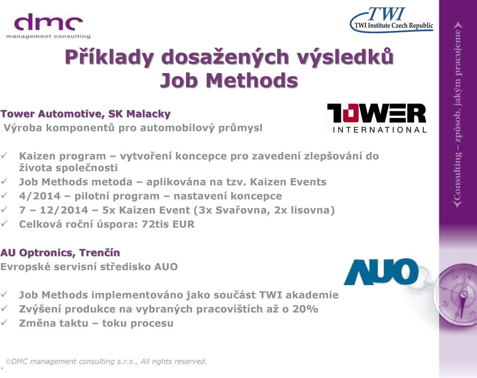 Kaizen Events 4/2014 pilotní program nastavení koncepce 7 12/2014 5x Kaizen Event (3x Svařovna, 2x lisovna) Celková roční úspora: 72tis EUR AU