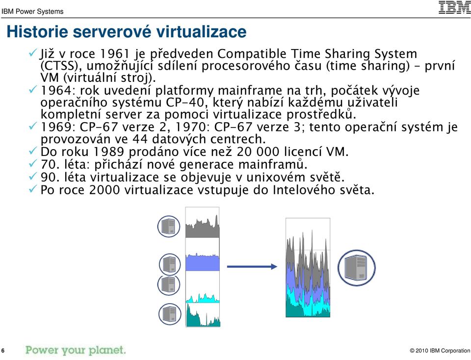 1964: rok uvedení platformy mainframe na trh, počátek vývoje operačního systému CP-40, který nabízí každému uživateli kompletní server za pomoci virtualizace