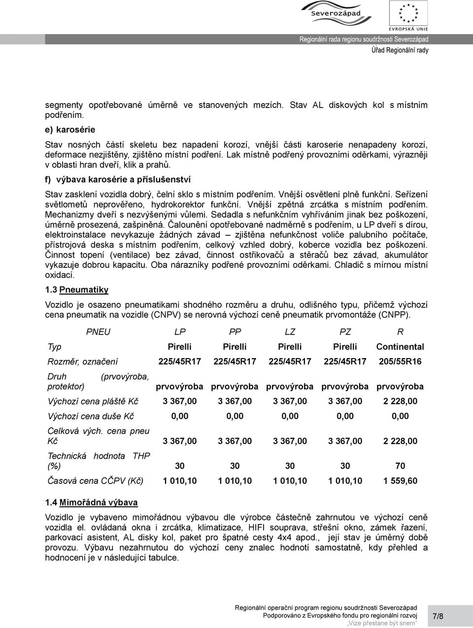 Lak místně podřený provozními oděrkami, výrazněji v oblasti hran dveří, klik a prahů. f) výbava karosérie a příslušenství Stav zasklení vozidla dobrý, čelní sklo s místním podřením.