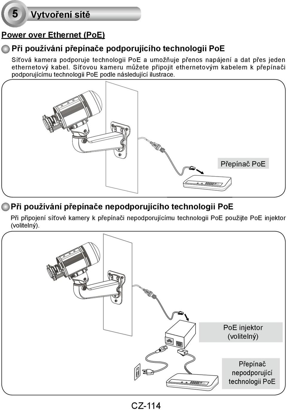 Síťovou kameru můžete připojit ethernetovým kabelem k přepínači podporujícímu technologii PoE podle následující ilustrace.