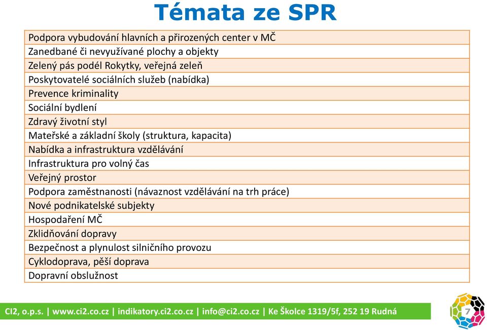 kapacita) Nabídka a infrastruktura vzdělávání Infrastruktura pro volný čas Veřejný prostor Podpora zaměstnanosti (návaznost vzdělávání na trh