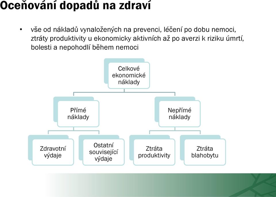 bolesti a nepohodlí během nemoci Celkové ekonomické náklady Přímé náklady Nepřímé