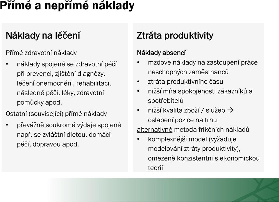 Ztráta produktivity Náklady absencí mzdové náklady na zastoupení práce neschopných zaměstnanců ztráta produktivního času nižší míra spokojenosti zákazníků a spotřebitelů