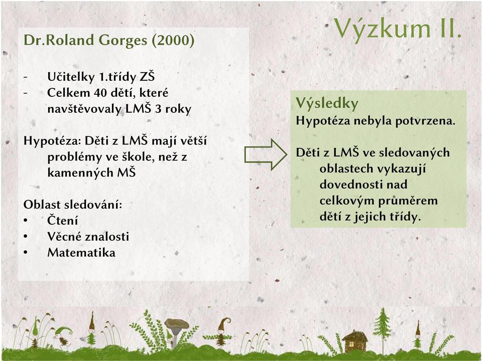 problémy ve škole, než z kamenných MŠ Oblast sledování: Čtení Věcné znalosti Matematika