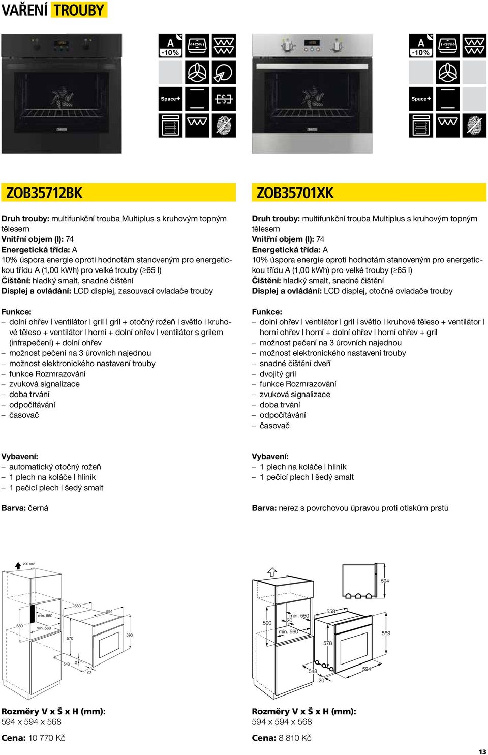 těleso + ventilátor horní + dolní ohřev ventilátor s grilem (infrapečení) + dolní ohřev možnost pečení na 3 úrovních najednou možnost elektronického nastavení trouby funkce Rozmrazování zvuková