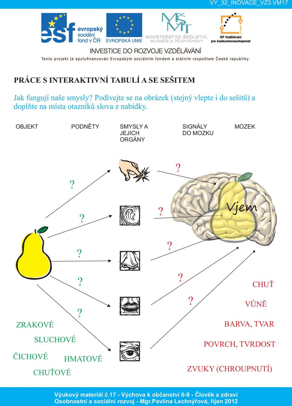 OBJEKT PODNĚTY SMYSLY A JEJICH ORGÁNY SIGNÁLY DO MOZKU MOZEK Vjem CHUŤ ZRAKOVÉ