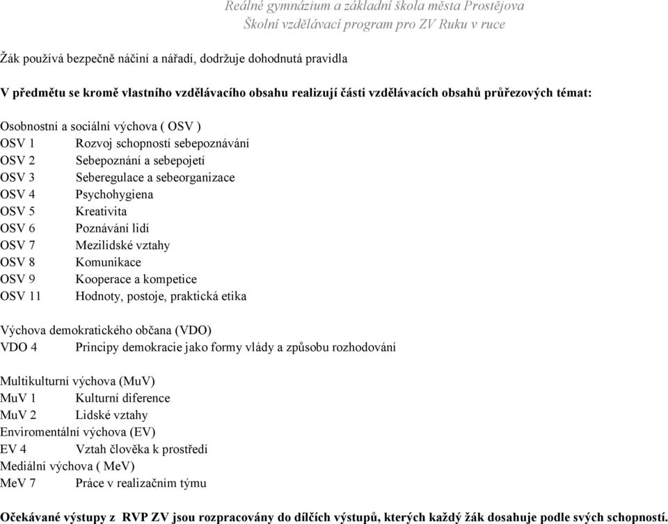 Kreativita OSV 6 Poznávání lidí OSV 7 Mezilidské vztahy OSV 8 Komunikace OSV 9 Kooperace a kompetice OSV 11 Hodnoty, postoje, praktická etika Výchova demokratického občana (VDO) VDO 4 Principy