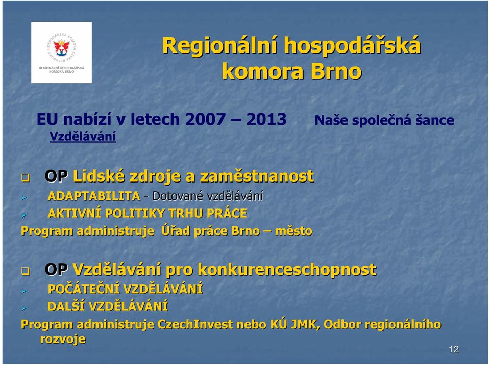 administruje Úřad práce Brno město OP Vzdělávání pro konkurenceschopnost POČÁTE TEČNÍ