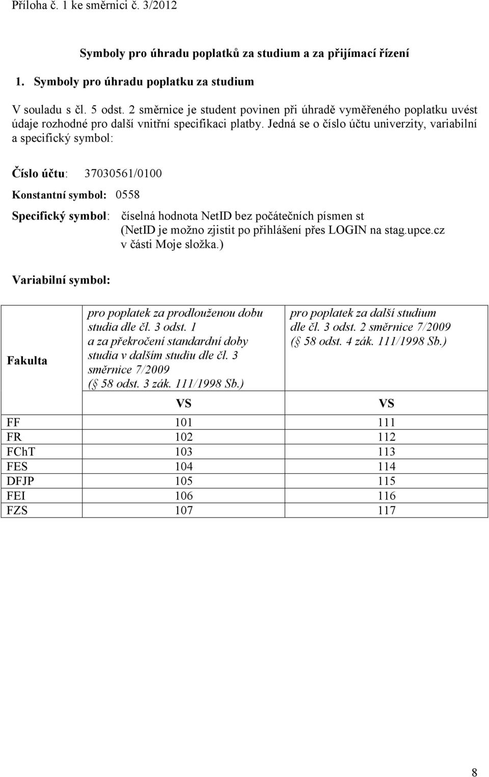 Jedná se o číslo účtu univerzity, variabilní a specifický symbol: Číslo účtu: 37030561/0100 Konstantní symbol: 0558 Specifický symbol: číselná hodnota NetID bez počátečních písmen st (NetID je možno