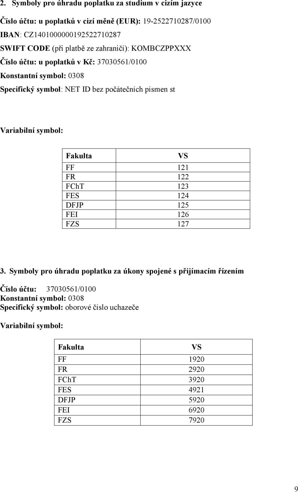 symbol: Fakulta VS FF 121 FR 122 FChT 123 FES 124 DFJP 125 FEI 126 FZS 127 3.