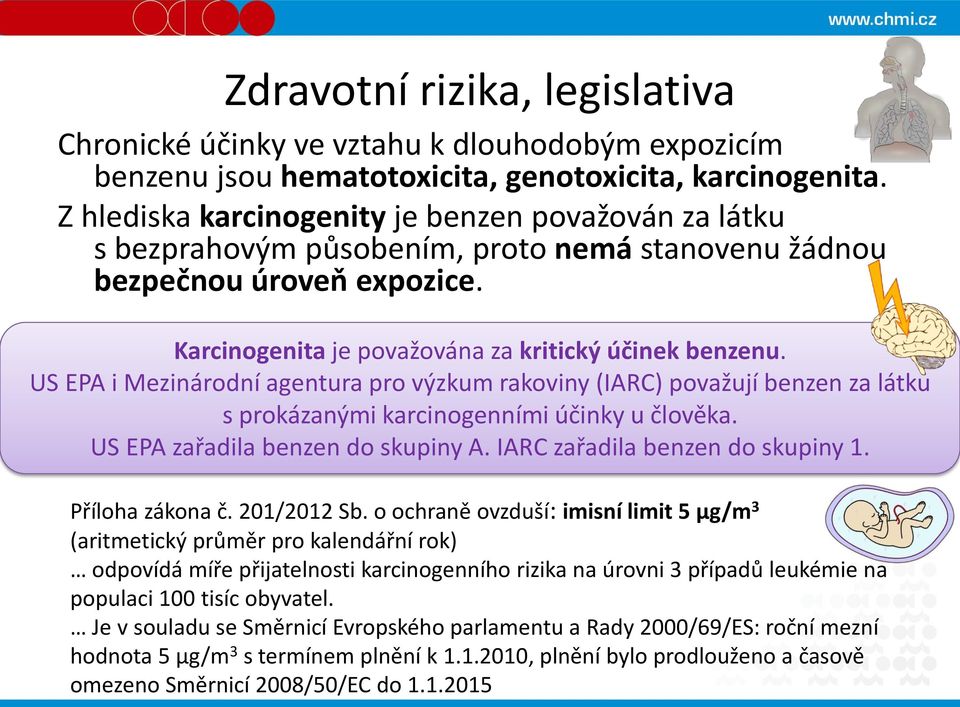 US EPA i Mezinárodní agentura pro výzkum rakoviny (IARC) považují benzen za látku s prokázanými karcinogenními účinky u člověka. US EPA zařadila benzen do skupiny A. IARC zařadila benzen do skupiny 1.