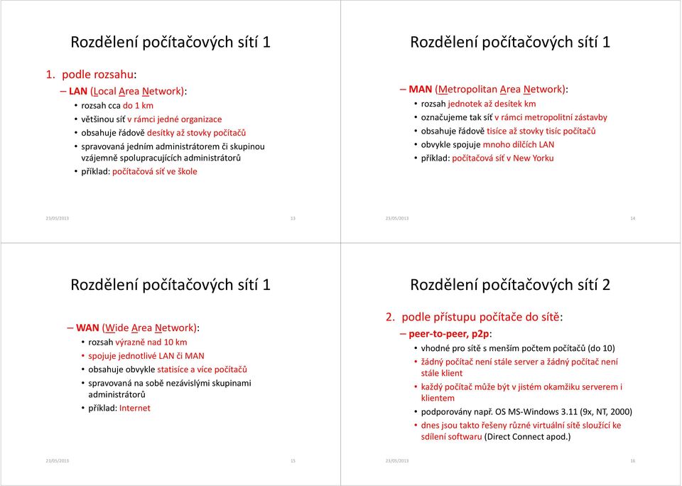 spolupracujících administrátorů příklad: počítačová síť ve škole Rozdělení počítačových sítí 1 MAN (Metropolitan Area Network): rozsah jednotek až desítek km označujeme tak síť v rámci metropolitní