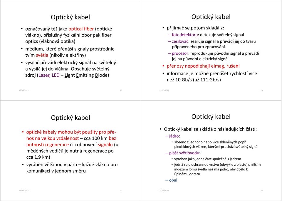 Obsahuje světelný zdroj (Laser, LED Light Emitting Diode) Optický kabel přijímač se potom skládá z: fotodetektoru: detekuje světelný signál zesilovač: zesiluje signál a převádí jej do tvaru