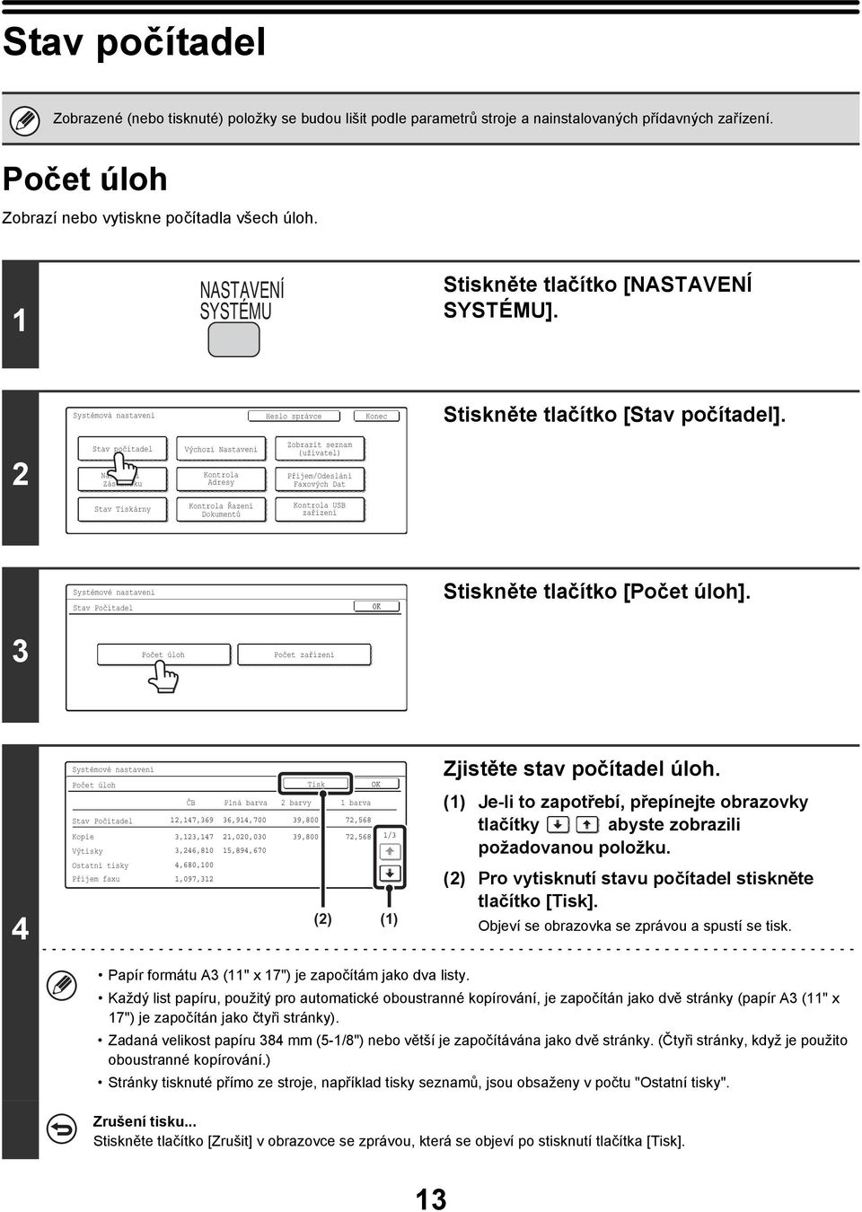 2 Stav počítadel Nastavení Zásobníku Výchozí Nastavení Kontrola Adresy Zobrazit seznam (uživatel) Příjem/Odeslání Faxových Dat Stav Tiskárny Kontrola Řazení Dokumentů Kontrola USB zařízení Stav