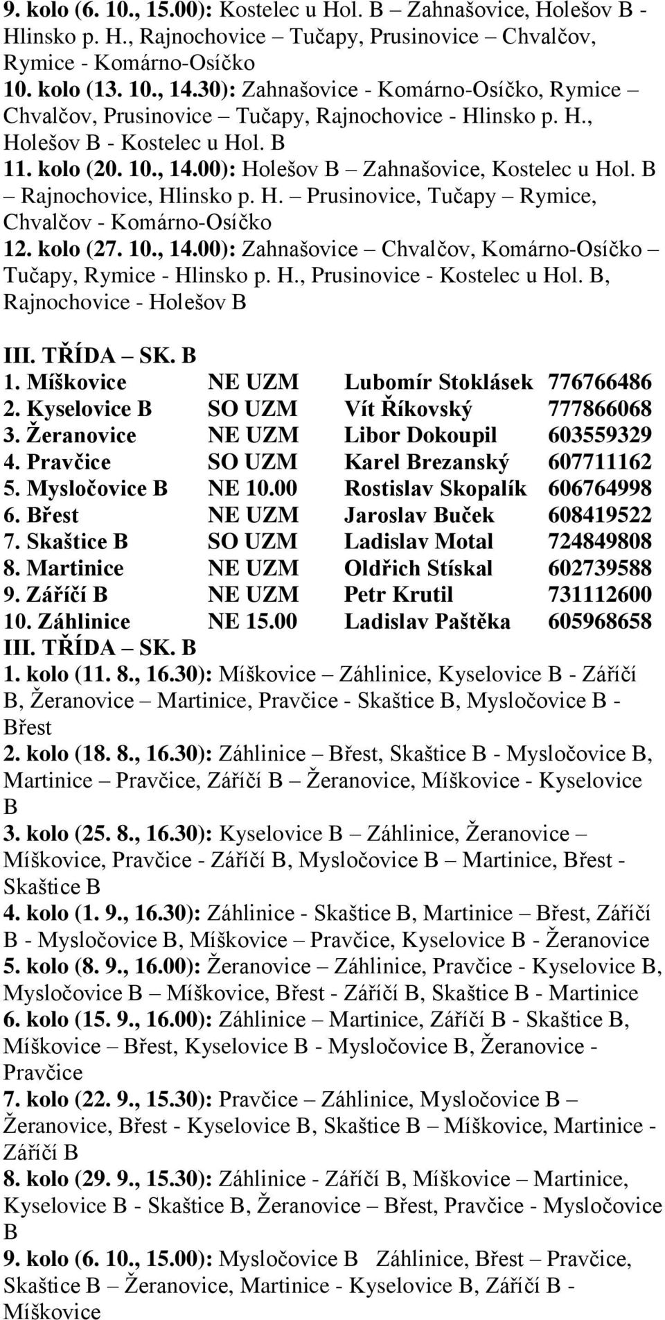 B Rajnochovice, Hlinsko p. H. Prusinovice, Tučapy Rymice, Chvalčov - Komárno-Osíčko 12. kolo (27. 10., 14.00): Zahnašovice Chvalčov, Komárno-Osíčko Tučapy, Rymice - Hlinsko p. H., Prusinovice - Kostelec u Hol.