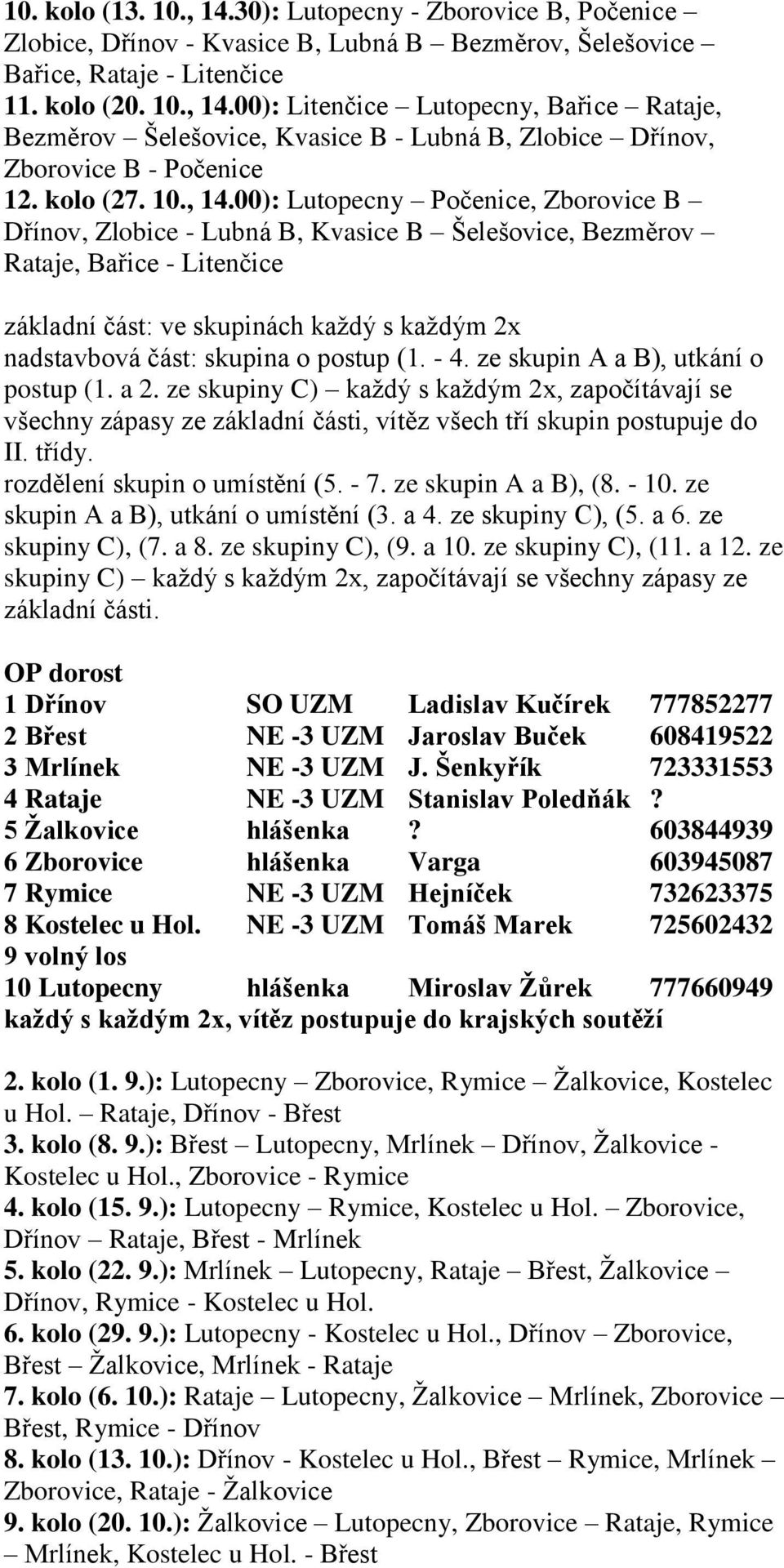 00): Lutopecny Počenice, Zborovice B Dřínov, Zlobice - Lubná B, Kvasice B Šelešovice, Bezměrov Rataje, Bařice - Litenčice základní část: ve skupinách každý s každým 2x nadstavbová část: skupina o