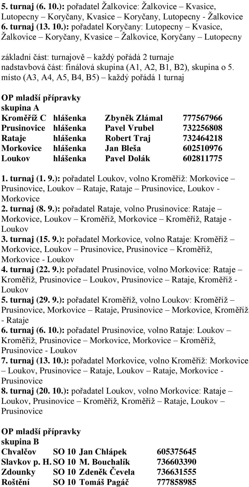 ): pořadatel Koryčany: Lutopecny Kvasice, Žalkovice Koryčany, Kvasice Žalkovice, Koryčany Lutopecny základní část: turnajově každý pořádá 2 turnaje nadstavbová část: finálová skupina (A1, A2, B1,