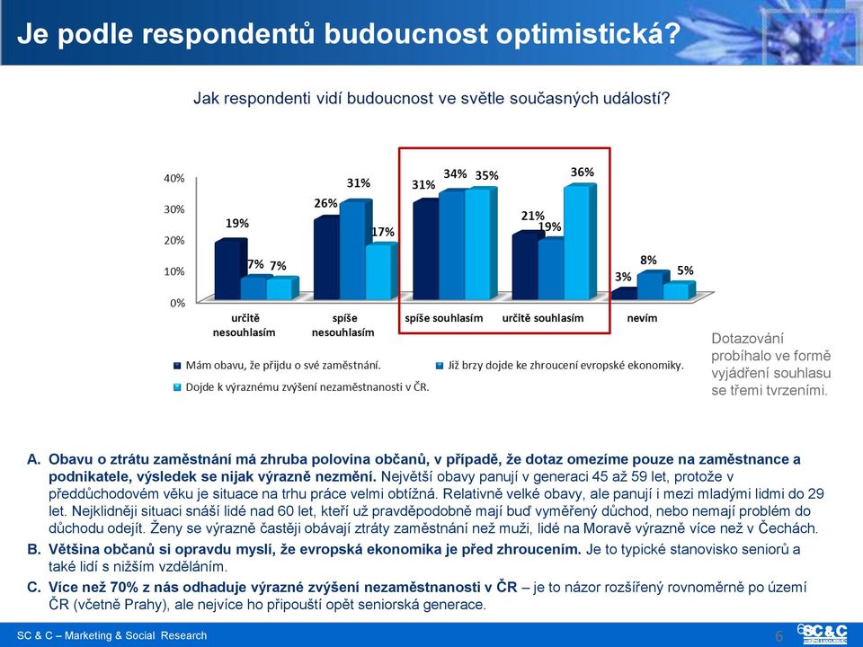 Největší obavy panují v generaci 45 aţ 59 let, protoţe v předdůchodovém věku je situace na trhu práce velmi obtíţná. Relativně velké obavy, ale panují i mezi mladými lidmi do 29 let.