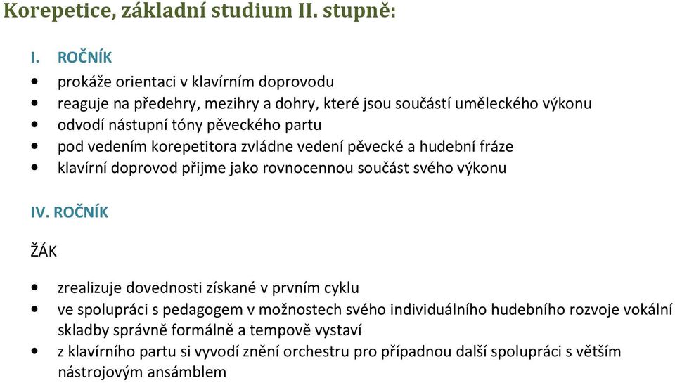 partu pod vedením korepetitora zvládne vedení pěvecké a hudební fráze klavírní doprovod přijme jako rovnocennou součást svého výkonu IV.