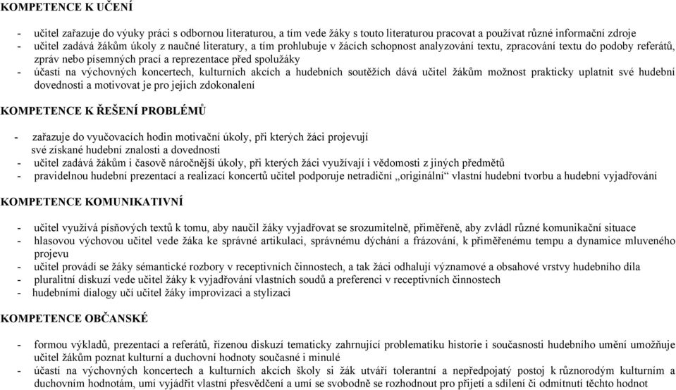 kulturních akcích a hudebních soutěžích dává učitel žákům možnost prakticky uplatnit své hudební dovednosti a motivovat je pro jejich zdokonalení KOMPETENCE K ŘEŠENÍ PROBLÉMŮ - zařazuje do